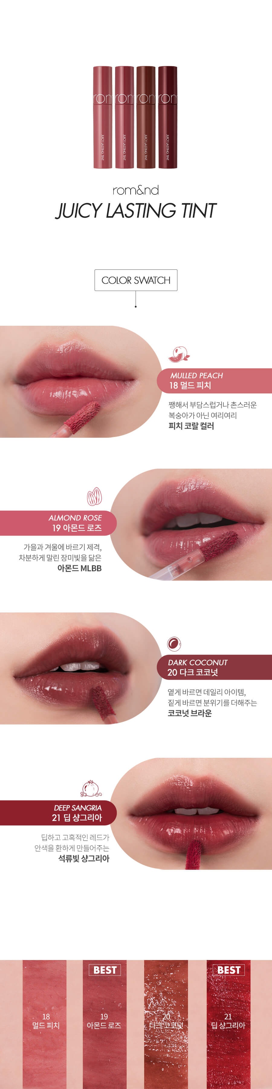 romand Juicy Lasting Tint 果汁玻璃水光唇釉 #Ripe Fruit Series 18-21 4色 Color Swatch