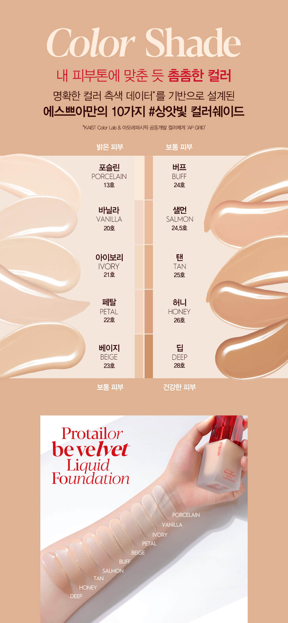 韓國 Espoir Pro Tailor Be Velvet Liquid Foundation SPF22 PA++ 48小時持久絲絨啞緻無瑕純素粉底液 - 10色選擇 Color Chart