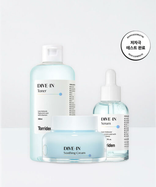 ＼超值皇牌套裝／Torriden Dive-In 低分子透明質酸精華 50ml + 爽膚水 300ml + 爆水啫喱舒緩面霜 100ml
