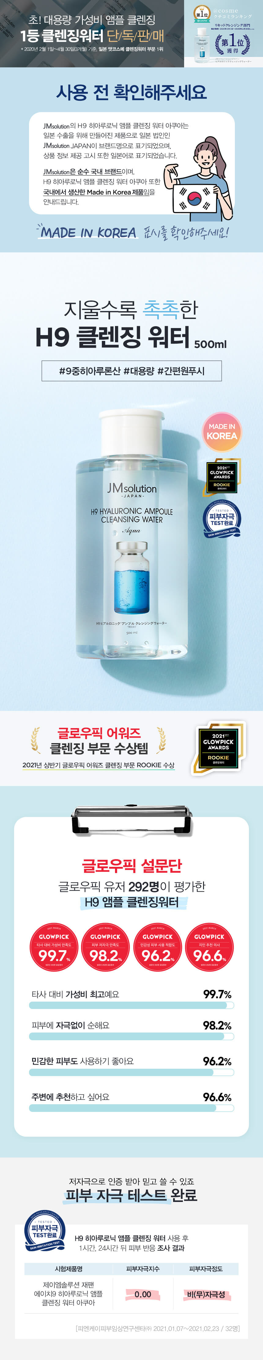 韓國 JM Solution H9 Hyaluronic Ampoule Cleansing Water Aqua 9倍透明質酸保濕低敏免沖式卸妝水- 大容量500ml