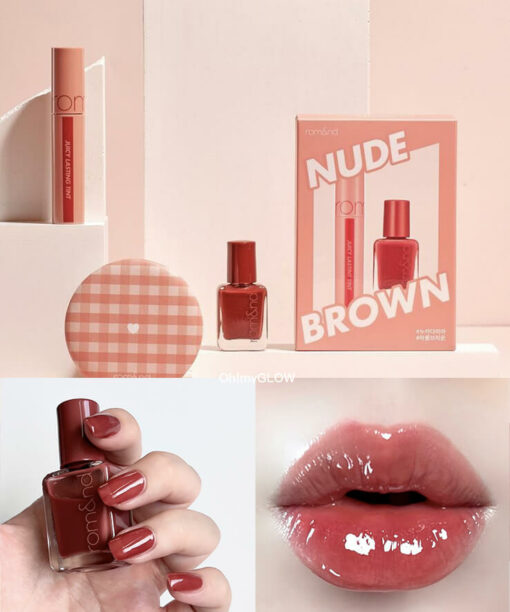 韓國 Romand 限量Edition Juicy Lasting Tint & Mood Pebble Nail Set 皇牌果汁唇釉＋指甲油限量套裝 - 02 Nude Brown Set