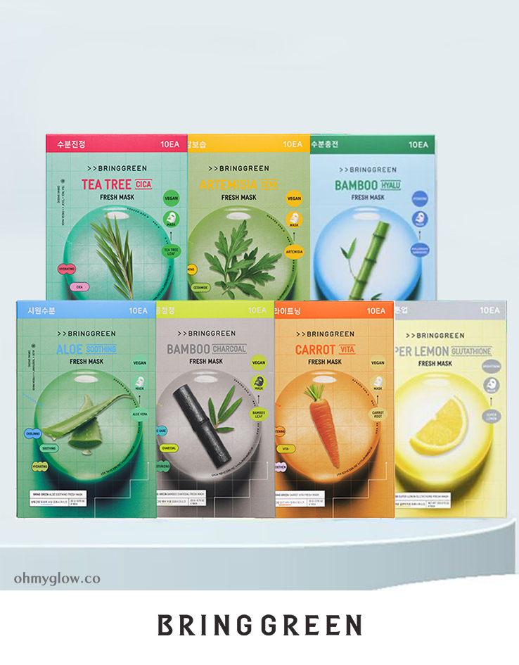 \24最新版/ 韓國 Bring Green Fresh Mask 新鮮天然純素面膜(茶樹/茵陳蒿艾草/竹炭/蘆薈/紅胡蘿蔔/檸檬穀胱甘肽/竹萃透明質酸) - 7款選擇