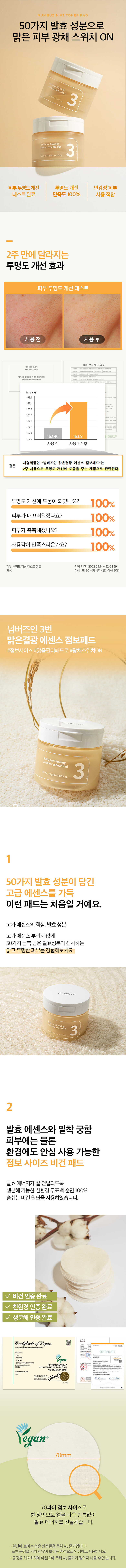 捱夜粗糙肌~韓國 numbuzin No.3 Radiance Glowing Jumbo Essence Pad 酵母提亮去暗沉保濕濕敷爽膚精華棉片 - 70片裝