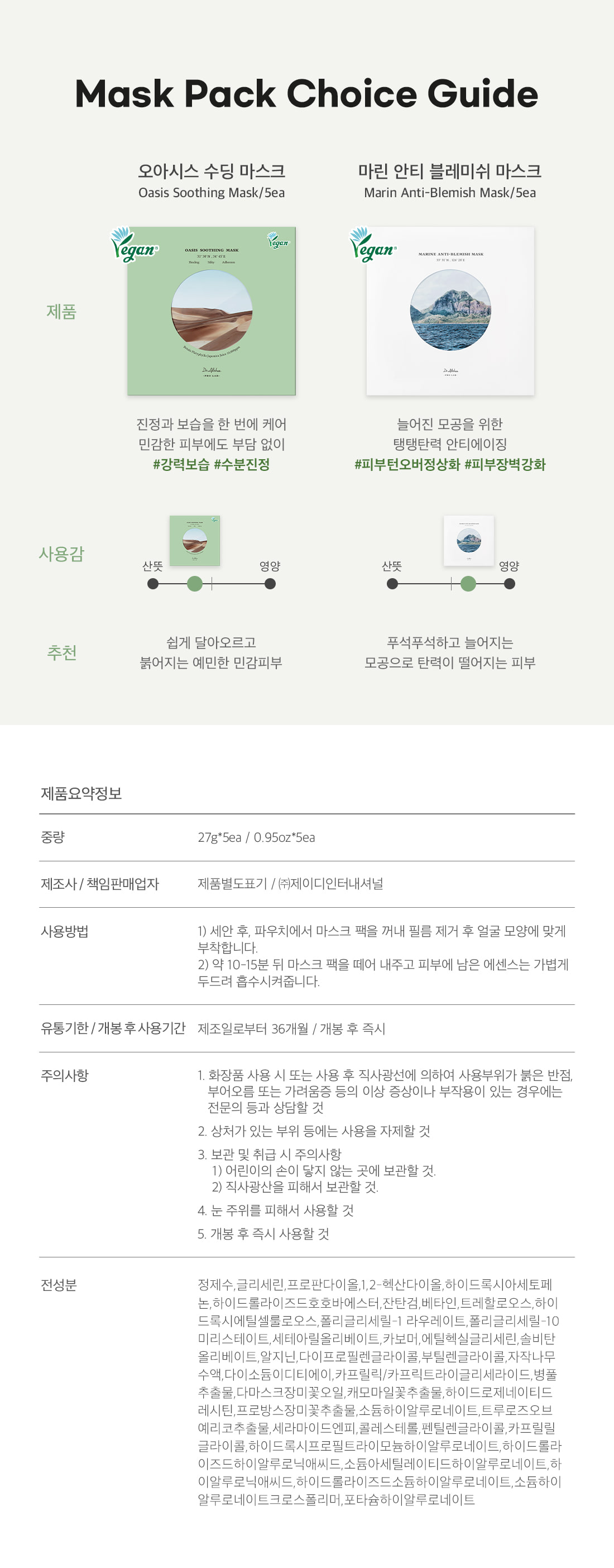 韓國 Dr.Althea Oasis Soothing Mask 綠洲舒緩修復純素面膜 5片裝 – 2種選擇