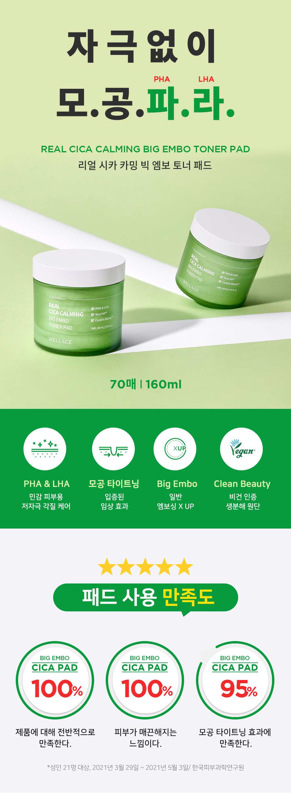 韓國 Wellage Real Cica Calming Big Embo Toner Pad 95%純積雪草💚鎮靜爽膚棉片 - 70片裝