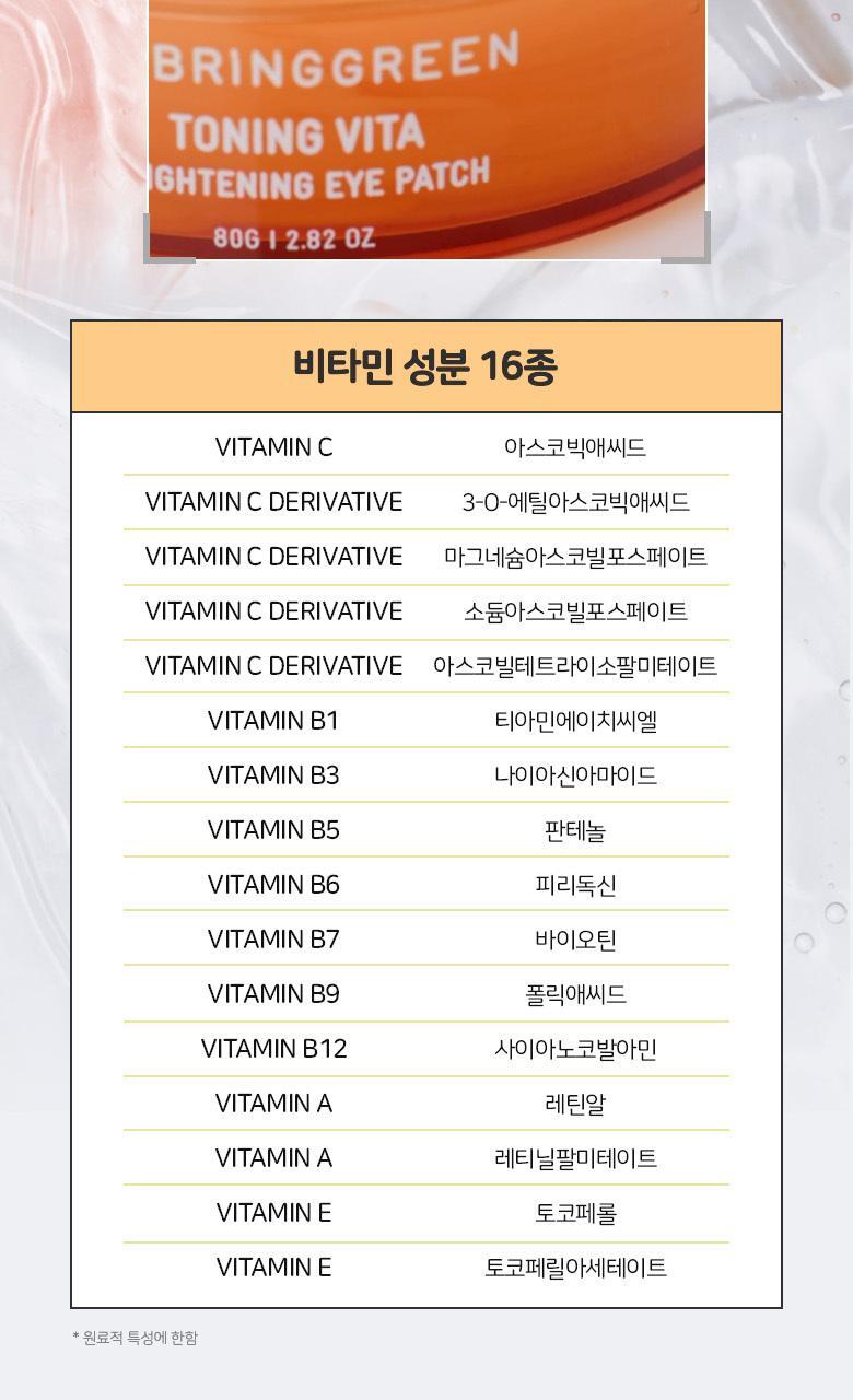 16種維他命成份提亮+淡紋!韓國 Bring Green Toning Vita Brightening Eye Patch 維他命亮白水凝膠眼膜 - 60片裝