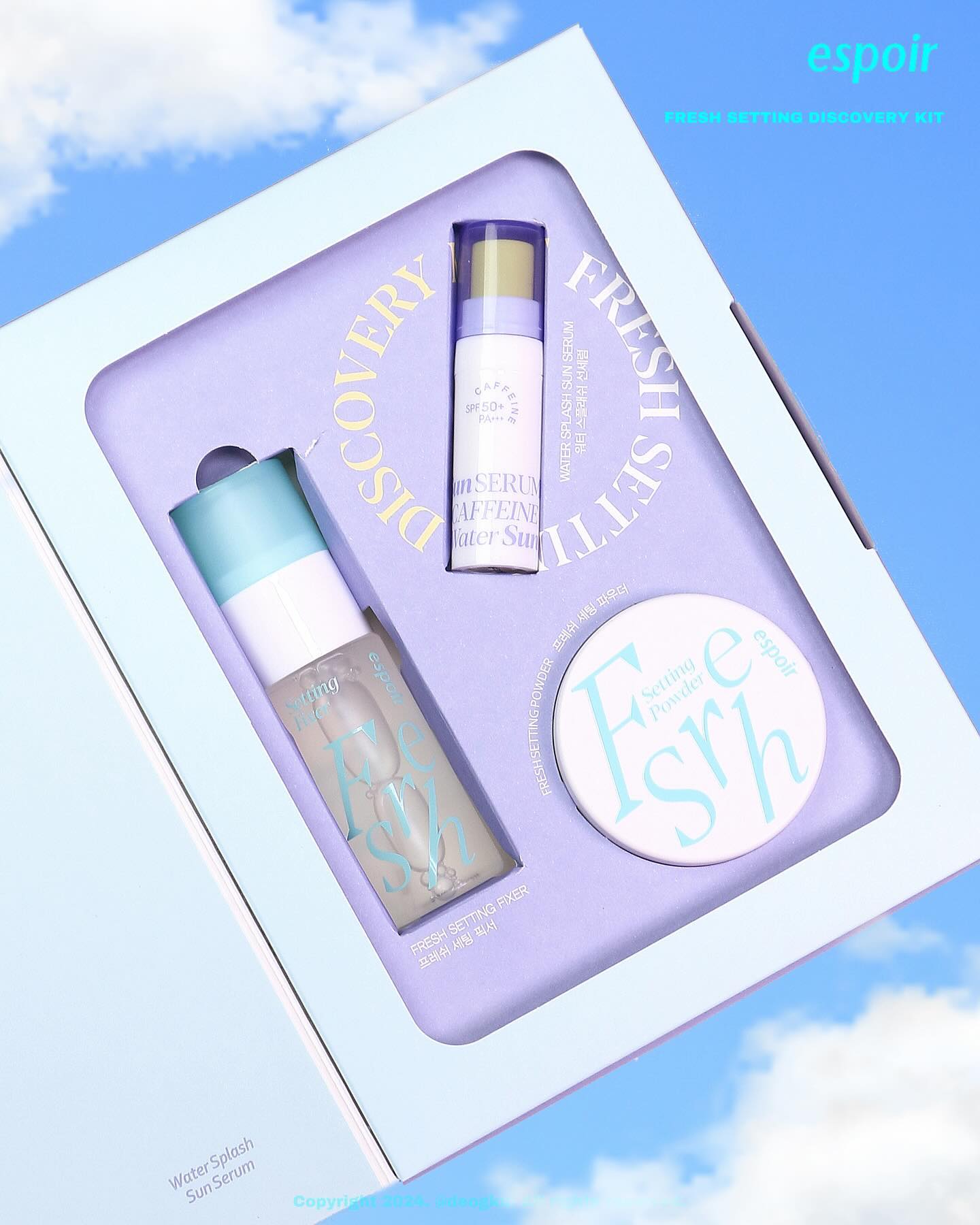 韓國espoir Fresh Setting Discovery Kit 時刻清爽定妝系列體驗套裝(防曬精華+定妝噴霧+定妝粉餅) 3件套裝