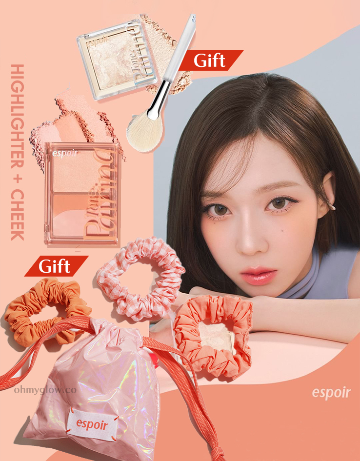 【優惠組合高光+胭脂盤送髮圈套裝連掃】韓國 espoir Tone Pairing 系列 Cheek Palette + Highlighter 雙效妝感胭脂盤+大理石紋高光盤 - 色號自號