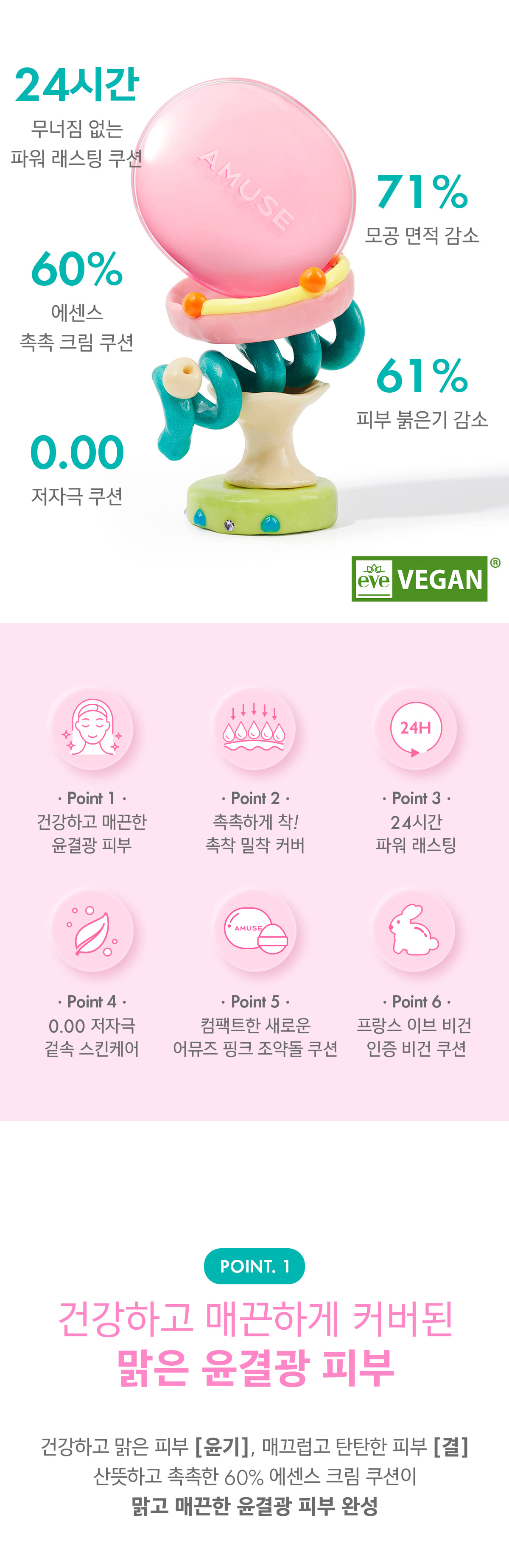 24年新版小粉蛋💗🥚~韓國Amuse Dew Power Vegan Cushion 24小時持久半水光奶油肌純素氣墊粉底 SPF50+ PA++++ - 4色選擇