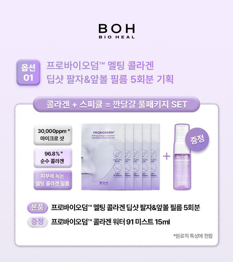 撫平法令紋 提拉蘋果肌【送膠原蛋白噴霧】~韓國 BioHeal BOH Probioderm Melting Collagen Deep Shot Nasolabial Folds & Cheek Film 納米級96.8%高濃度純膠原蛋白微針回彈提拉法令紋前頰膜- 5片裝