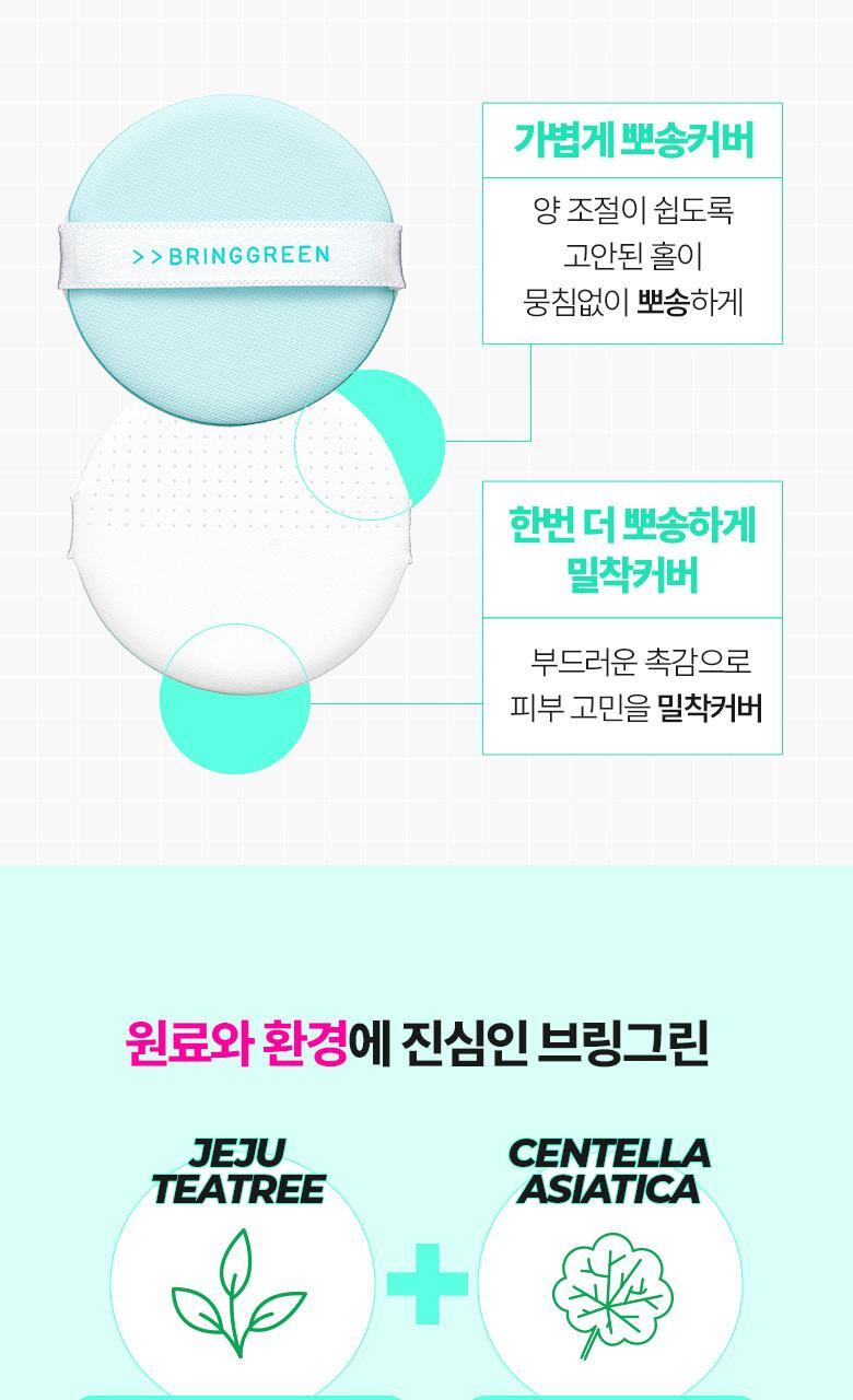 24年新包裝~韓國 Bring Green Tea Tree Cica Tone Up Sun Cushion 茶樹積雪草薄荷清爽涼感防曬氣墊 SPF50+ PA++++