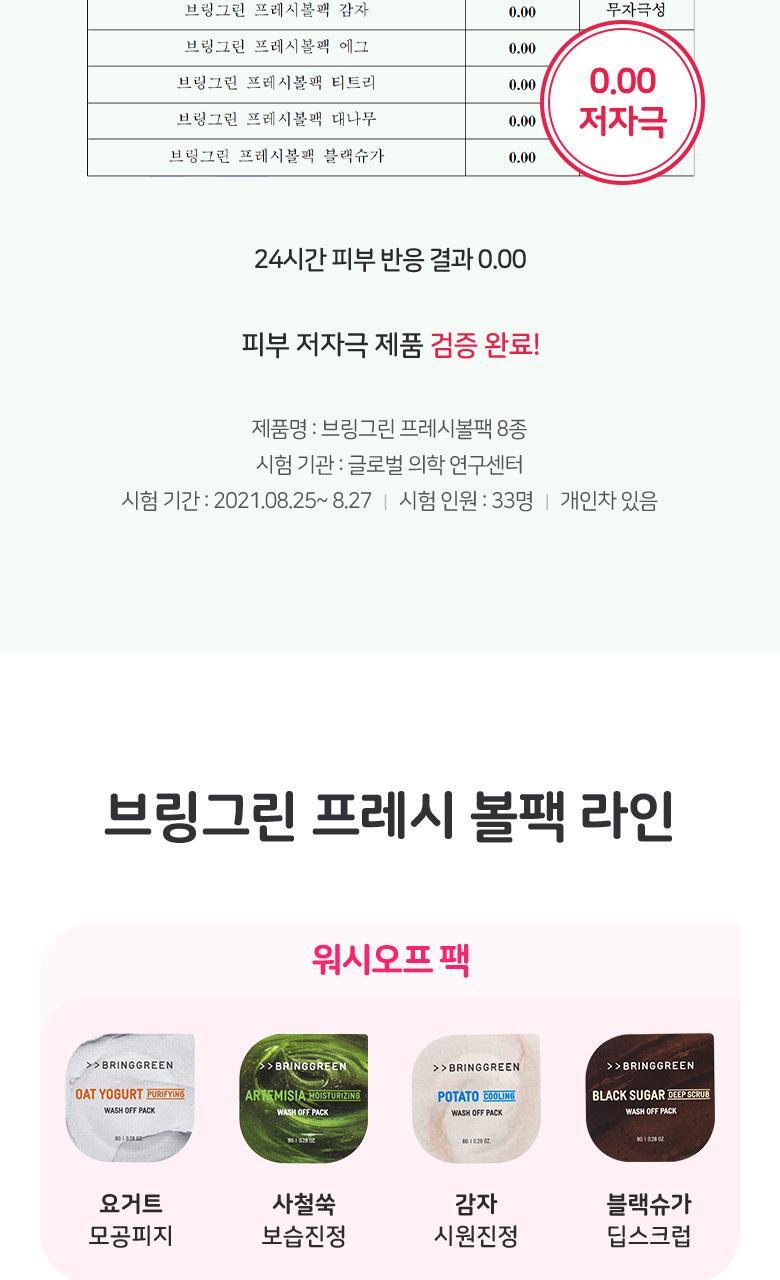 韓國 Bring Green Fresh Ball Pack Wash Off 沖洗面膜 (燕麥乳酪/艾草/馬鈴薯/黑糖/茶樹/透明質酸/蘆薈/木炭) -  多種選擇