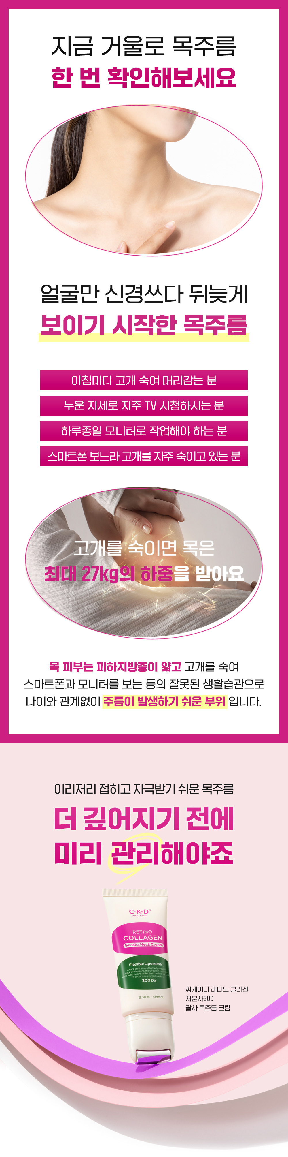 \1+1優惠套裝/ 去紋霜～韓國 CKD Retino Collagen Small Molecule 300 Guasha Neck Cream 維A視黃醇低分子膠原蛋白緊緻去頸紋頸部刮痧霜連按摩滾輪 - 50ml x 2