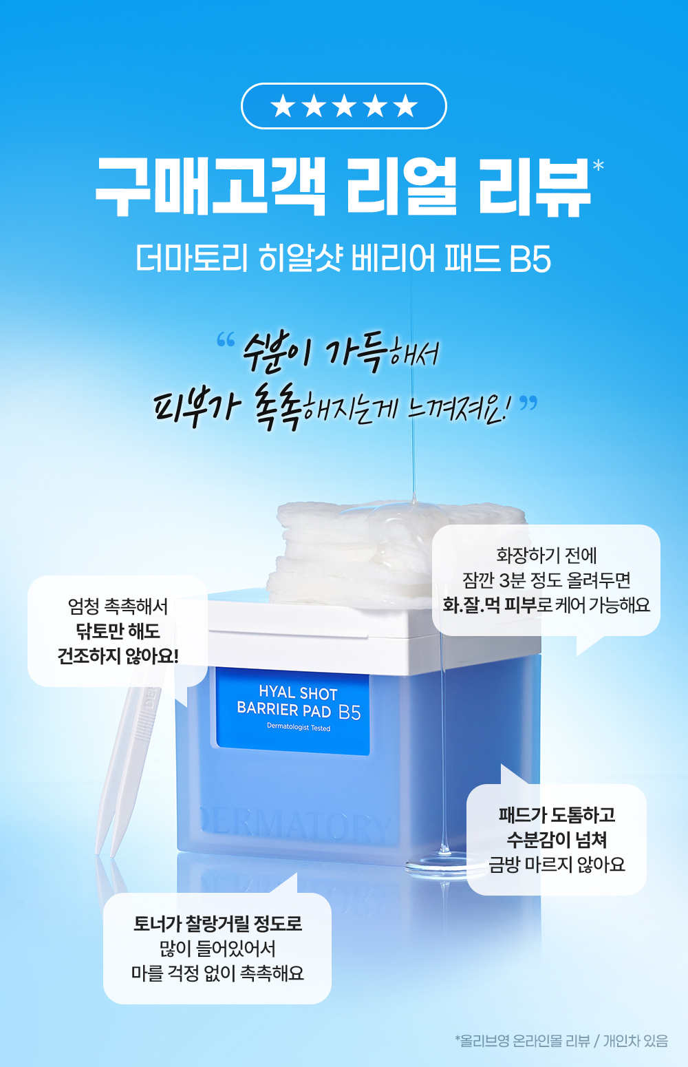 韓國 DERMATORY Hyal Shot Barrier Pad B5 7倍更小分子透明質酸維B5保濕導入修屏爽膚棉片 - 70片裝