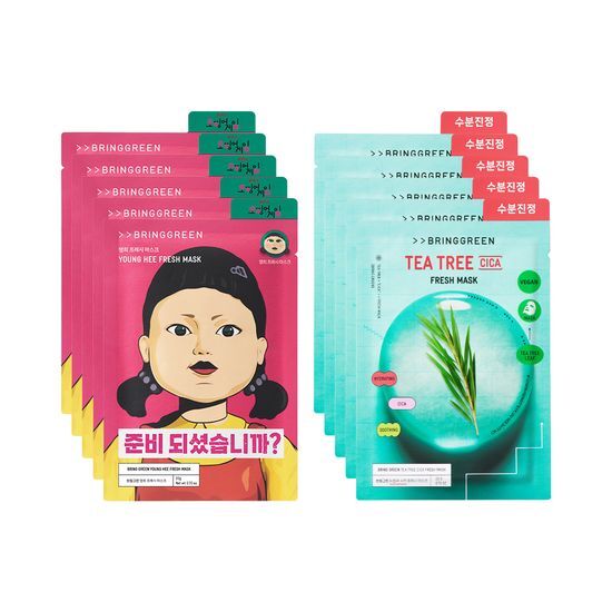 韓國 Bring Green x Netflix 🦑魷魚遊戲 木頭人公仔面膜 Fresh Mask Tea Tree Cica 茶樹積雪草限量面膜 - 1盒10片裝