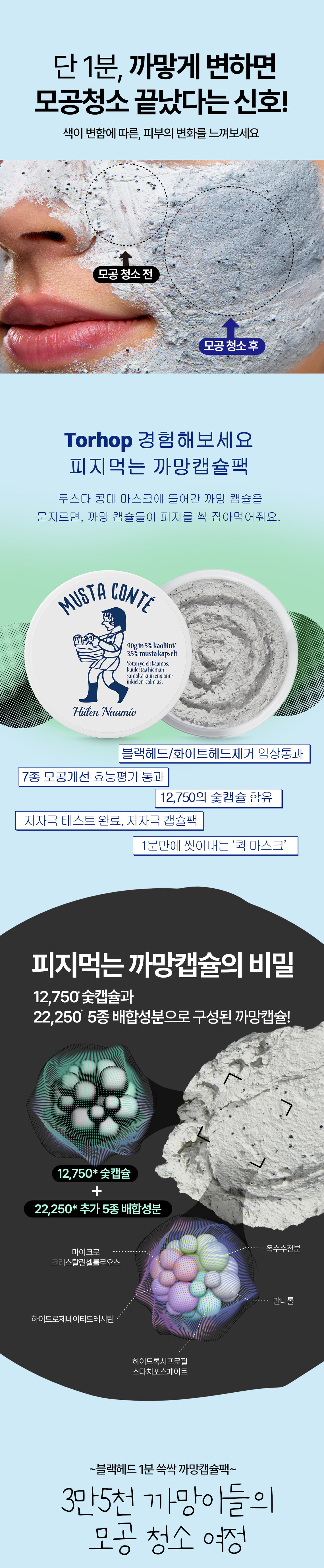 1分鐘搞掂🫨 懶人清黑頭 ~韓國 Torhop Musta Conté Mask 🖤 快速吸附黑頭白頭收毛孔黑炭膠囊變色泥膜 - 90g