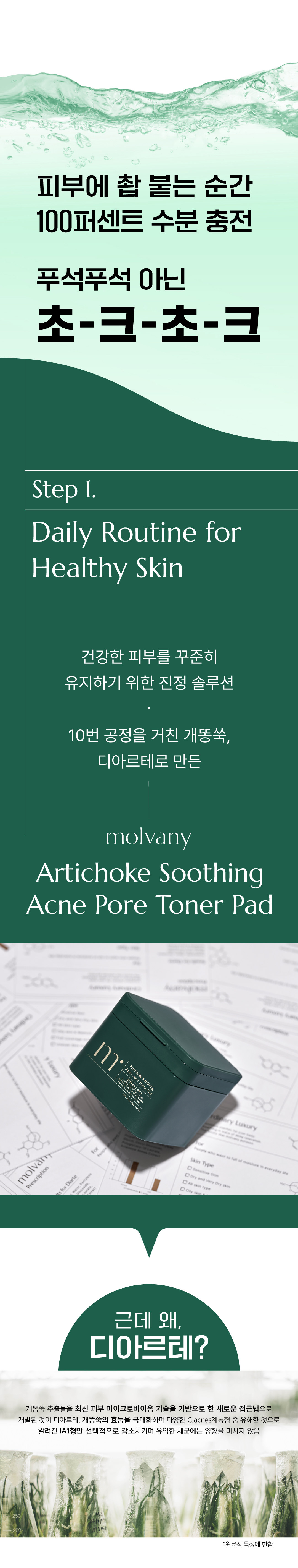消炎抗痘鎮靜～韓國 MOLVANY Artichoke Soothing Acne Pore Toner Pad 高純度洋薊素魚腥草舒緩痘痘抗炎收毛孔爽膚棉片 - 70片裝