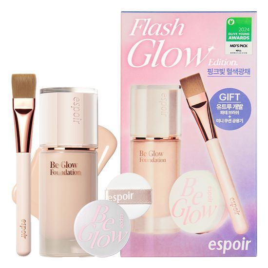【Flash Glow 限量套裝送掃+迷你氣墊】25年新版～韓國 espoir Be Glow Foundation SPF27 PA++ 24小時水潤保濕光彩粉底液- 多色調選擇
