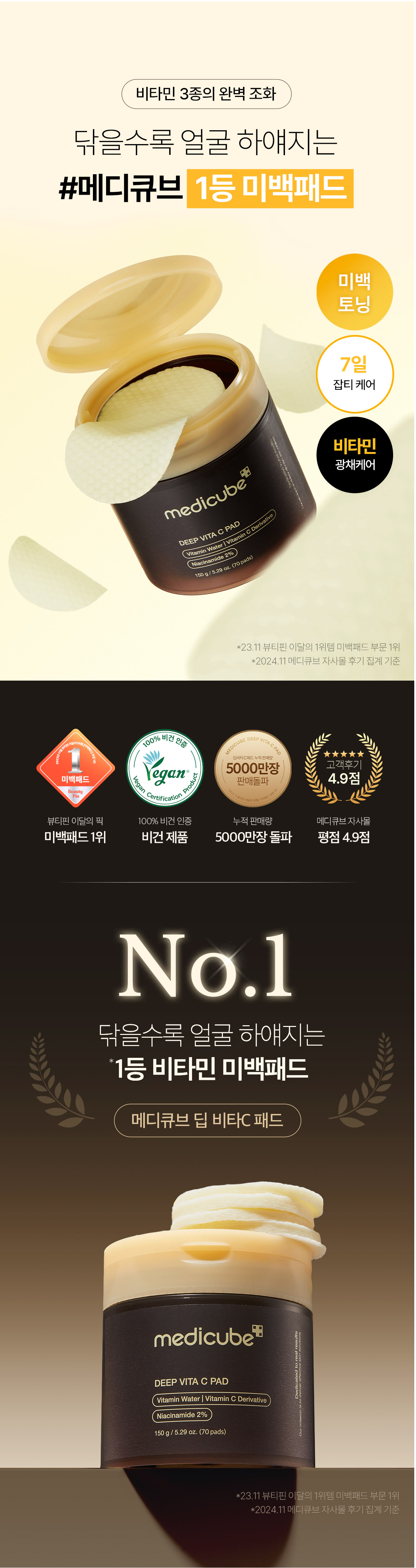 7天美白~韓國 medicube Deep Vita C Pad 高濃度維C美白去暗沉爽膚棉片 - 70片裝