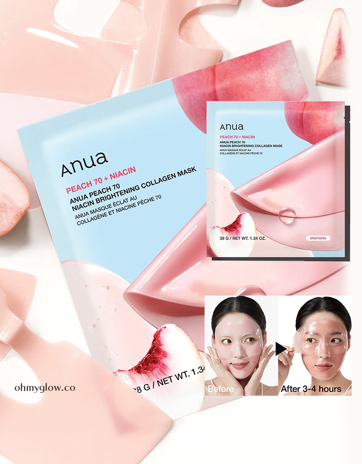 敷後變透明 水潤去暗沉～韓國 ANUA Peach 70 Niacin Brightening Collagen Mask 🍑桃萃取菸鹼醯胺美白低分子膠原蛋白水凝膠果凍面膜 4片裝 - 2種選擇