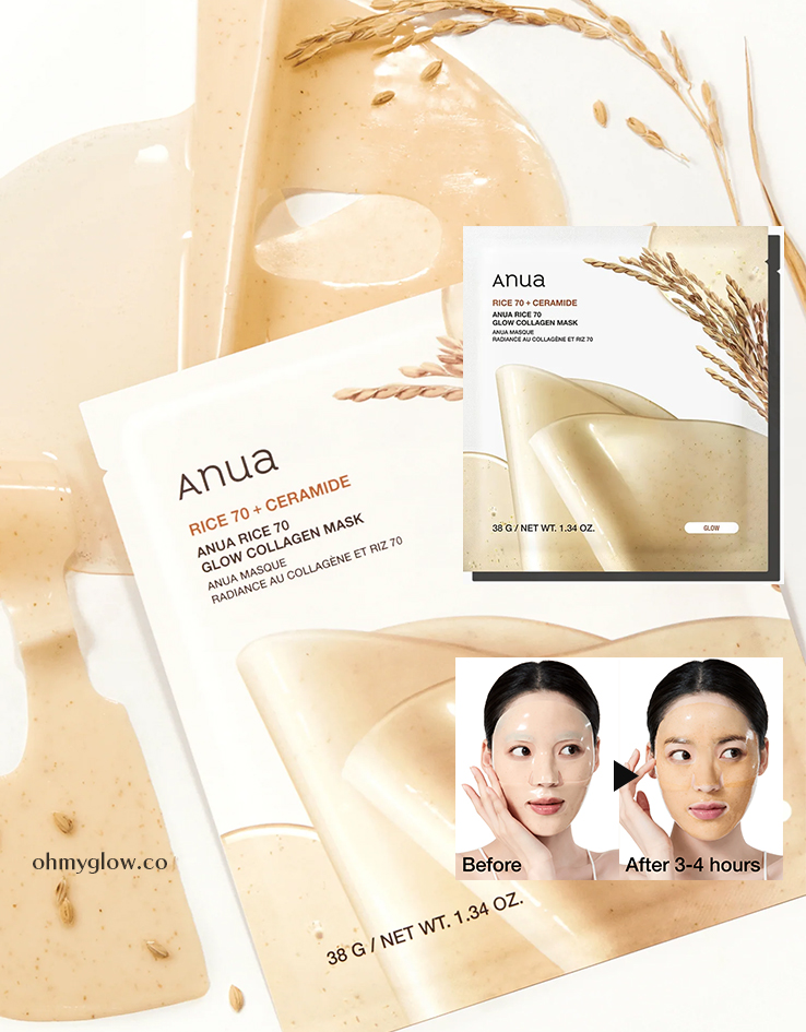面膜敷後變透明 水光玻璃肌Get！韓國 ANUA Rice 70 Glow Collagen Mask 70% 米萃🌾神經醯胺低分子膠原蛋白水凝膠果凍面膜 4片裝 - 2種選擇