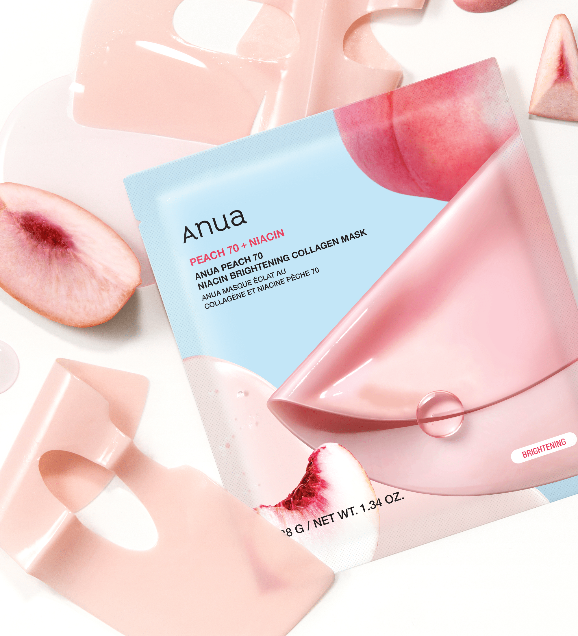 敷後變透明 水潤去暗沉~韓國 ANUA Peach 70 Niacin Brightening Collagen Mask 🍑桃萃取菸鹼醯胺美白低分子膠原蛋白水凝膠果凍面膜 4片裝 - 2種選擇