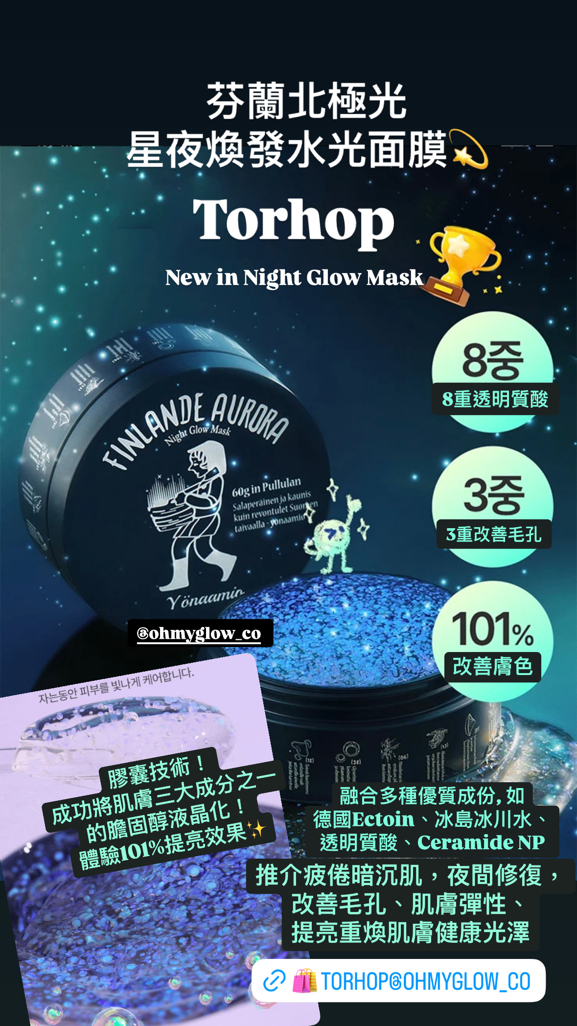 101% 煥發水亮光彩～韓國 Torhop Finlande Aurora Night Glow Mask 芬蘭北極光星夜煥發✨水光肌夜間修復膠囊睡眠面膜 - 60g