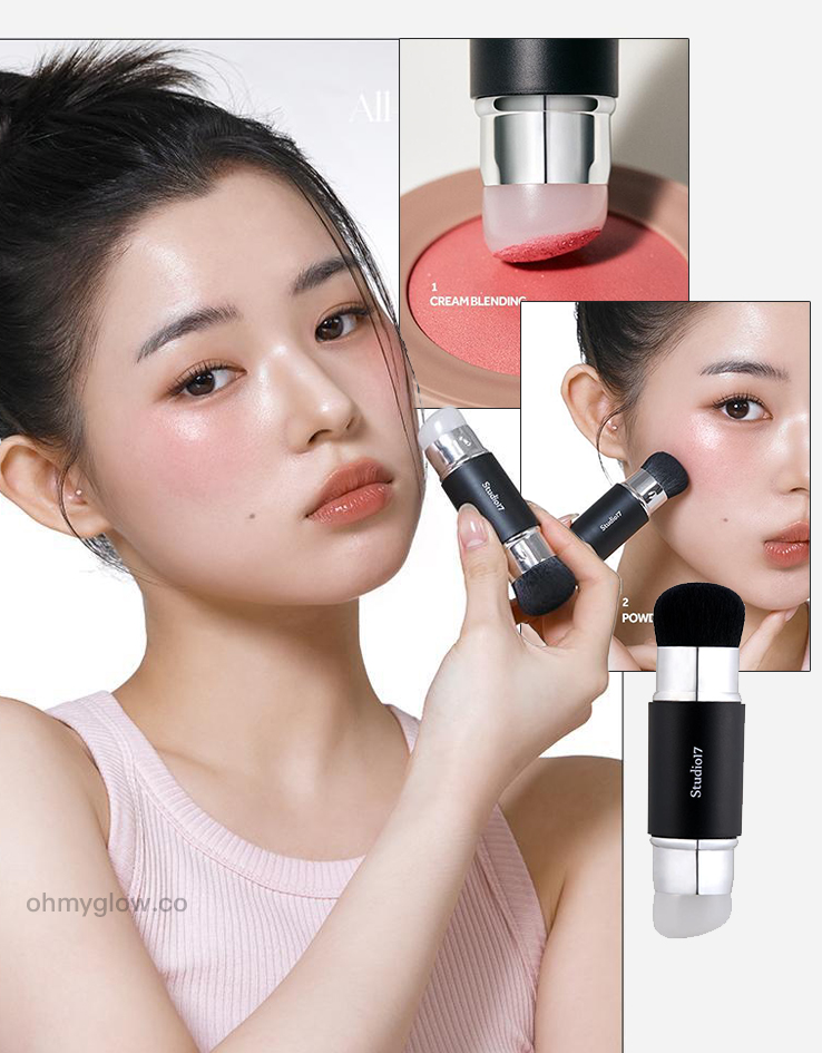 韓國 Studio17 Dual Silicon Blush Brush 便攜雙頭胭脂掃(矽膠果凍刷頭 & 刷毛掃 2in1) 胭脂液/膏/粉多用途