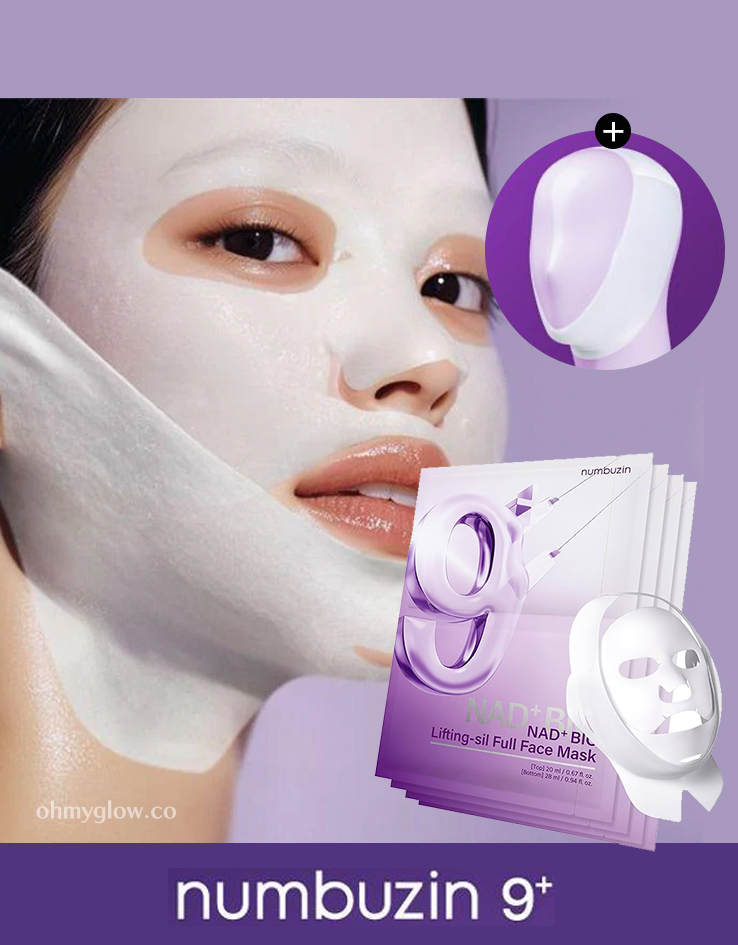 V臉提拉 告別雙下巴～韓國 numbuzin No.9+ NMN NAD+ Bio Lifting-sil Full Face Mask 醫美級生物成份NMN高效抗老提拉緊緻彈力面膜 - 一盒4片裝附送彈加V臉布