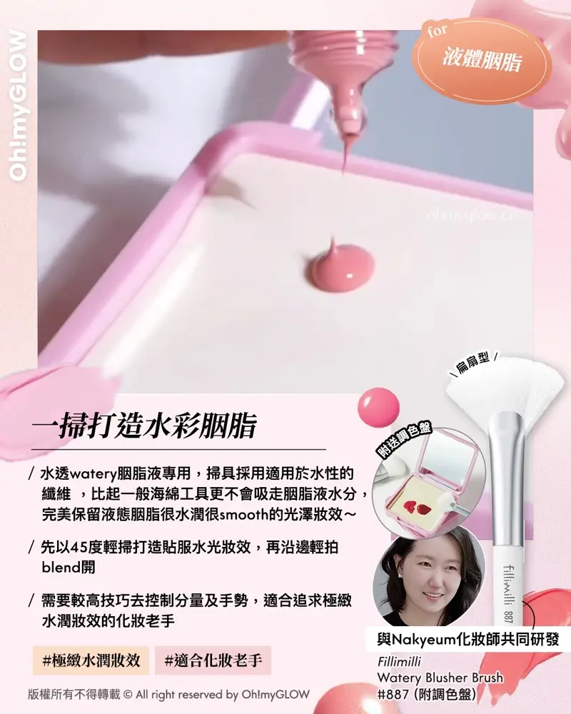 胭脂種類越出越多,用咩工具上先最好? OMG教你揀啱0出錯の胭脂上妝好物 for 液體胭脂 一掃打造水彩胭脂 與Nakyeum化妝師共同研發 FilliMilli Watery Blusher Brush #887 (附調色盤) 水感胭脂刷~化妝師共同研發 Fillimilli Watery Blusher Brush #887 (+ Makeup Palette) 扁扇型胭脂液掃附送調色盤連鏡