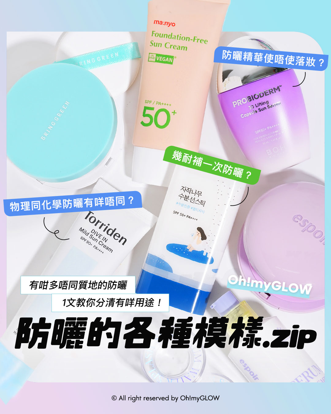 有咁多款防曬應該點揀？ OMG防曬合集 1文教你分清唔同質地的防曬 有咁多唔同質地的防曬 1文教你分清有咩用途! 防曬的各種模樣.zip 防曬精華使唔使落妝? 物理同化學防曬有咩唔同? 幾耐補一次防曬?