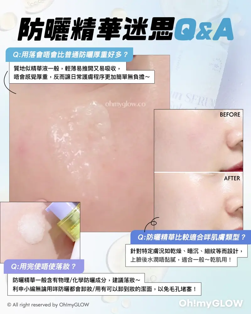 有咁多款防曬應該點揀? OMG防曬合集 1文教你分清唔同質地的防曬 防曬精華迷思Q&A Q:用落會唔會比普通防曬厚重好多? 質地似精華液一般,輕薄易推開又易吸收,唔會感覺厚重,反而讓日常護膚程序更加簡單無負擔~ Q:防曬精華比較適合咩肌廯類型? 針對特定膚況如乾燥、暗沉、細紋等而設計,上臉後水潤晤黏膩,適合一般~乾肌用! Q:用完使唔使落妝? 防曬精華一般含有物理/化學防曬成分,建議落妝~ 利申小編無論用咩防曬都會卸妝/用有可以卸到妝的潔面,以免毛孔堵塞!