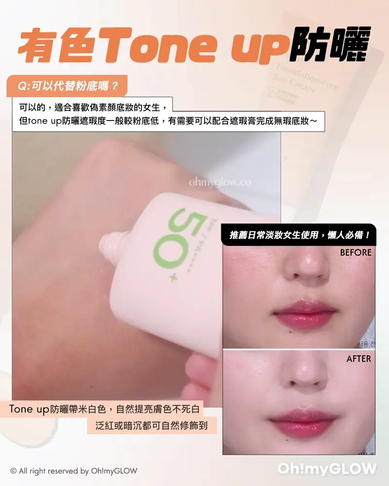 有咁多款防曬應該點揀? OMG防曬合集 1文教你分清唔同質地的防曬 Q:可以代替粉底嗎? 可以的,適合喜歡偽素顏底妝的女生,但tone up防曬遮瑕度一般較粉底低,有需要可以配合遮瑕膏完成無瑕底妝~ 推薦日常淡妝女生使用,懶人必備! Tone up防曬帶米白色,自然提亮膚色不死白 泛紅或暗沉都可自然修飾到