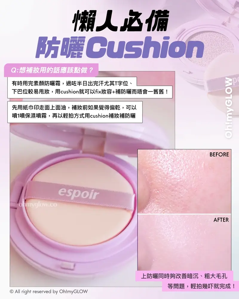 有咁多款防曬應該點揀? OMG防曬合集 1文教你分清唔同質地的防曬 懶人必備 防曬Cushion Q:想補妝用的話應該點做? 有時用完素顏防曬霜,過咗半日出完汗尤其T字位、下巴位較易甩妝,用cushion就可以fix妝容+補防曬而唔會一舊舊! 先用紙巾印走面上面油,補妝前如果覺得偏乾,可以噴1噴保濕噴霧,再以輕拍方式用cushion補妝補防曬 上防曬同時夠改善暗沉、粗大毛孔等問題,輕拍幾吓就完成!
