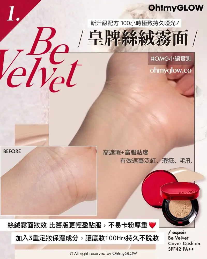 召集氣墊愛好者 OMG實測 25年新升級 espoir 4款cushions 全面購入指南vol.2 1 Be Velvet 新升級配方 100小時極致持久啞光 皇牌絲絨霧面 OMG小編實測 高遮瑕+高服貼度 有效遮蓋泛紅、瑕疵、毛孔 絲絨霧面妝效比舊版更輕盈貼服,不易卡粉厚重 加入3重定妝保濕成分,讓底妝100Hrs持久不脫妝 espoir Be Velvet Cover SPF42 PA++