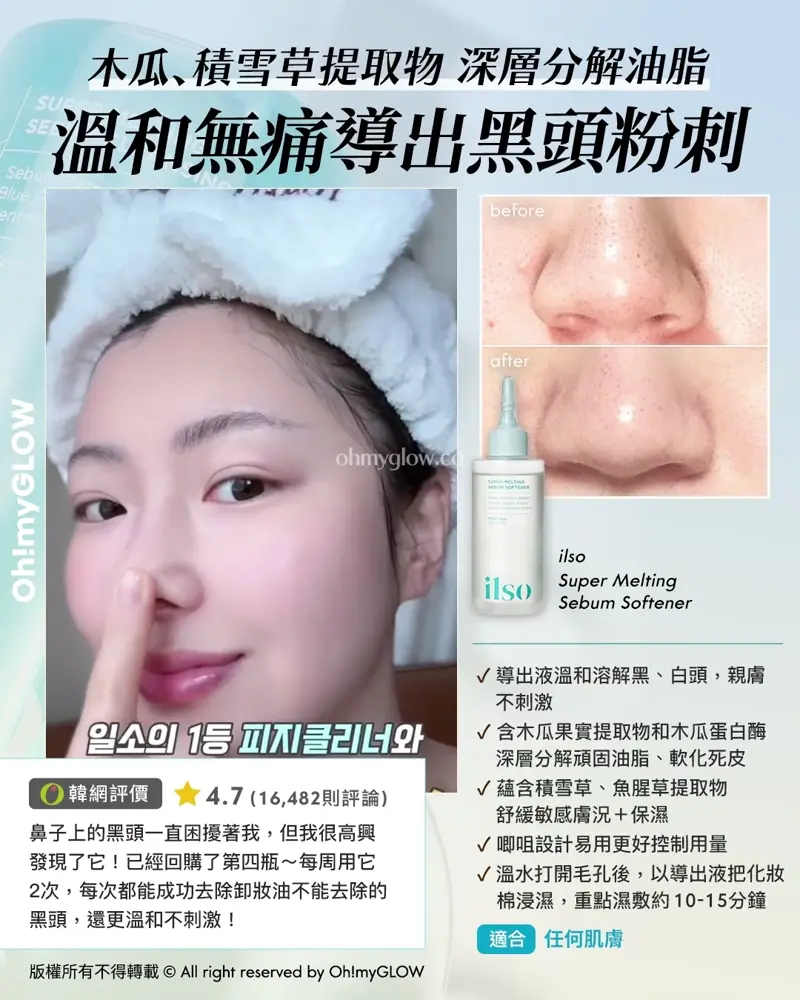 炎夏毛孔拯救隊來襲 OMG教你從內到外K.O.毛孔 呢個夏日重拾無瑕美肌 木瓜、積雪草提取物 深層分解油脂 溫和無痛導出黑頭粉刺 ilso Super Melting Sebum Softener 適合 任何肌膚