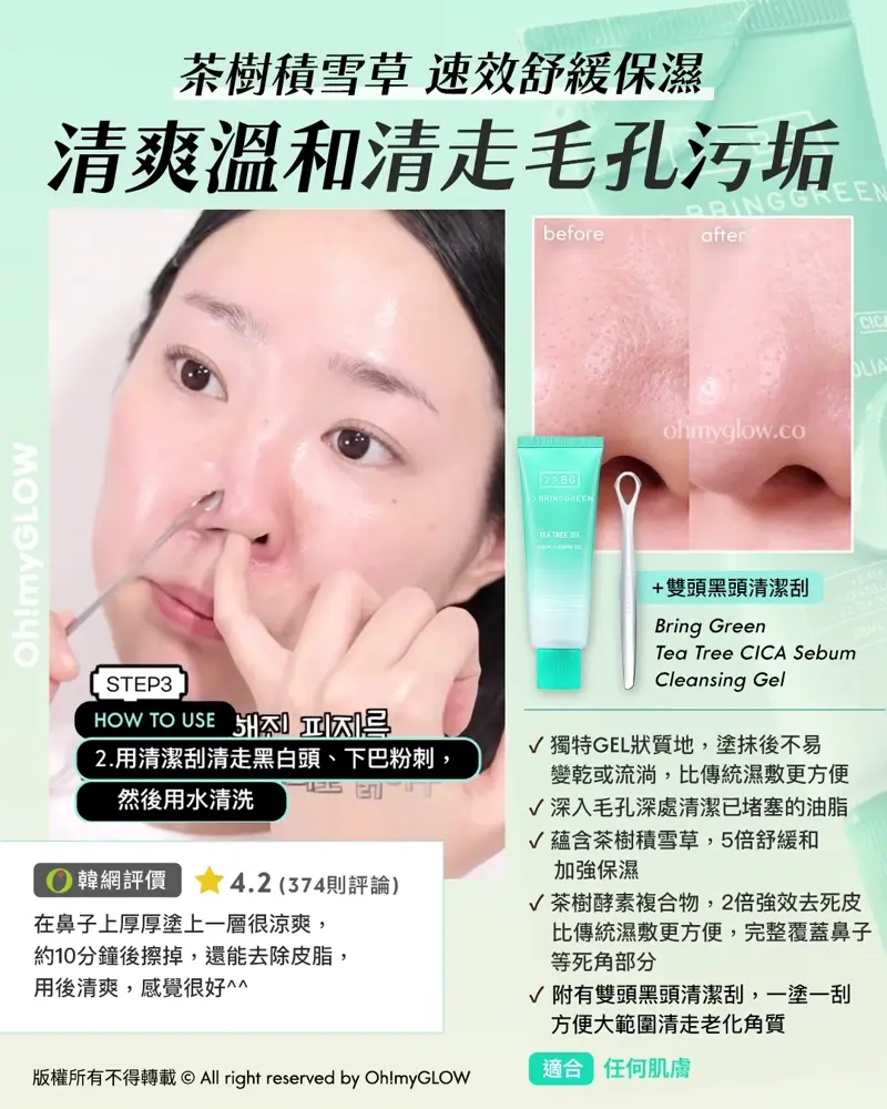 炎夏毛孔拯救隊來襲 OMG教你從內到外K.O.毛孔 呢個夏日重拾無瑕美肌 茶樹積雪草 速效舒緩保濕 清爽溫和清走毛孔污垢 +雙頭黑頭清潔刮 Bring Green Tea Tree CICA Sebum Cleansing Gel 適合 任何肌膚