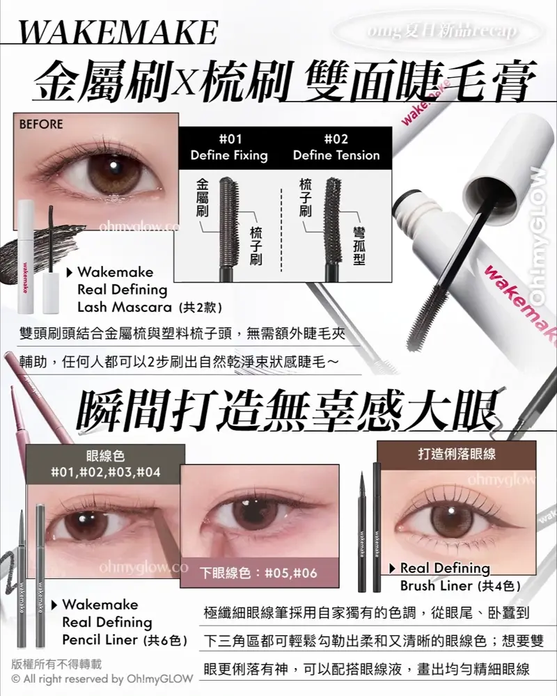 OMG 7月夏日新品情報 RECAP 小編 精選彩妝+護膚新品推介 告別油光!清爽沙灘彩妝! WAKEMAKE 金屬刷X梳刷 雙面睫毛膏 Wakemake Real Defining Lash Mascara (共2款) 雙頭刷頭結合金屬梳與塑料梳子頭,無需額外睫毛夾輔助,任何人都可以2步刷出自然乾淨束狀感睫毛~ 瞬間打造無辜感大眼 Wakemake Real Defining Pencil Liner (共6色) Real Defining Brush Liner (共4色) 極纖細眼線筆採用自家獨有的色調,從眼尾、卧蠶到下三角區都可輕鬆勾勒出柔和又清晰的眼線色;想要雙眼更俐落有神,可以配搭眼線液,畫出均勻精細眼線