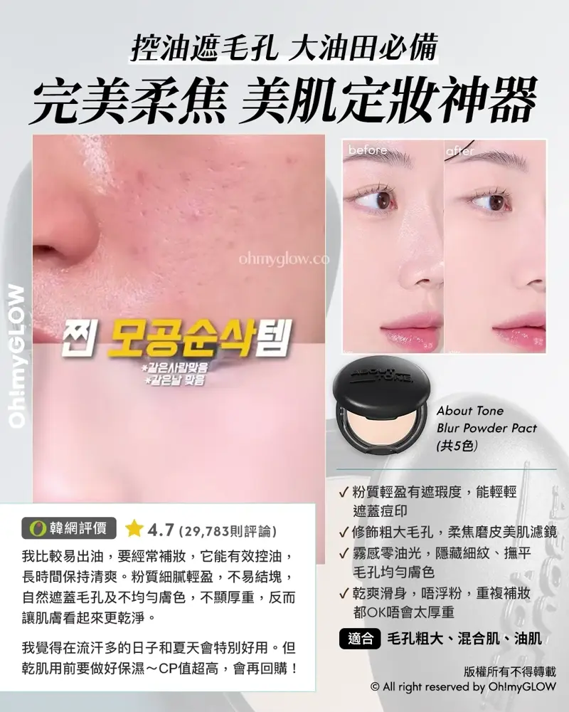 炎夏毛孔拯救隊來襲 OMG教你從內到外K.O.毛孔 呢個夏日重拾無瑕美肌 控油遮毛孔 大油田必備 完美柔焦 美肌定妝神器 About Tone Blur Powder Pact (共5色) 適合 毛孔粗大、混合肌、油肌