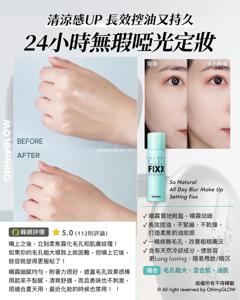 炎夏毛孔拯救隊來襲 OMG教你從內到外K.O.毛孔 呢個夏日重拾無瑕美肌 清涼感UP 長效控油又持久 24小時無瑕啞光定妝 So Natural All Day Blur Make Up Setting Fixx 適合 毛孔粗大、混合肌、油肌