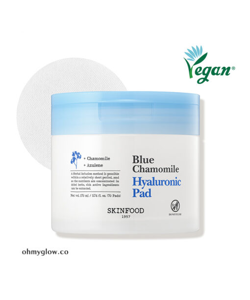 濕敷急救補水～韓國Skinfood Blue Chamomile Hyaluronic Pad 藍洋甘菊透明質酸修屏保濕爽膚棉片 - 70片裝