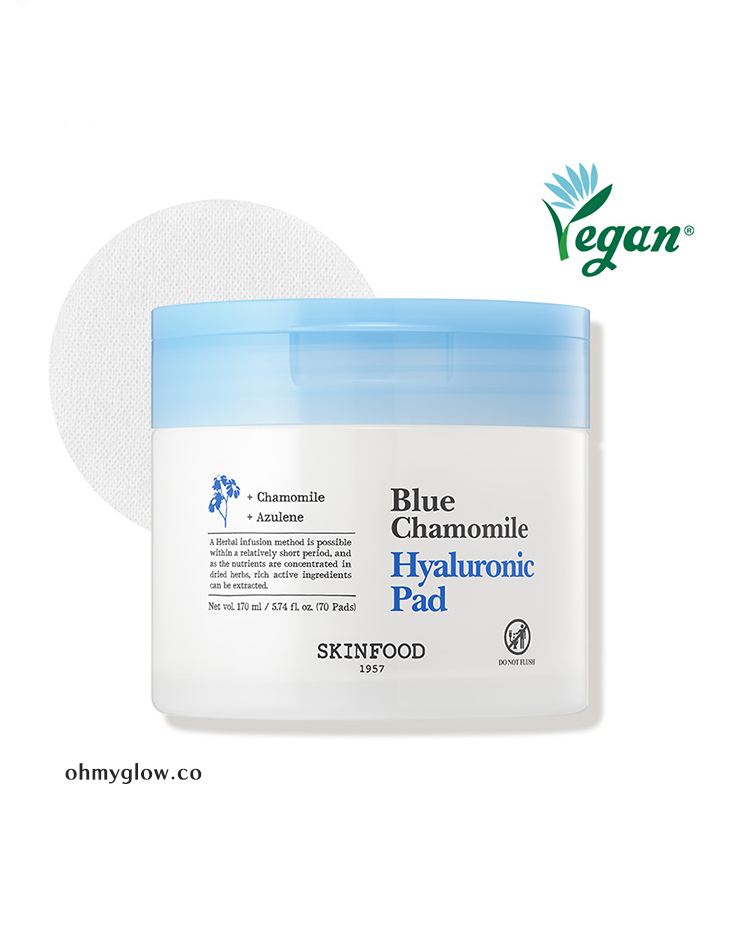 濕敷急救補水～韓國Skinfood Blue Chamomile Hyaluronic Pad 藍洋甘菊透明質酸修屏保濕爽膚棉片 - 70片裝