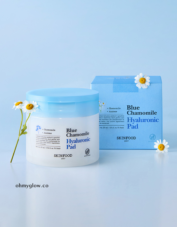 濕敷急救補水～韓國Skinfood Blue Chamomile Hyaluronic Pad 藍洋甘菊透明質酸修屏保濕爽膚棉片 - 70片裝