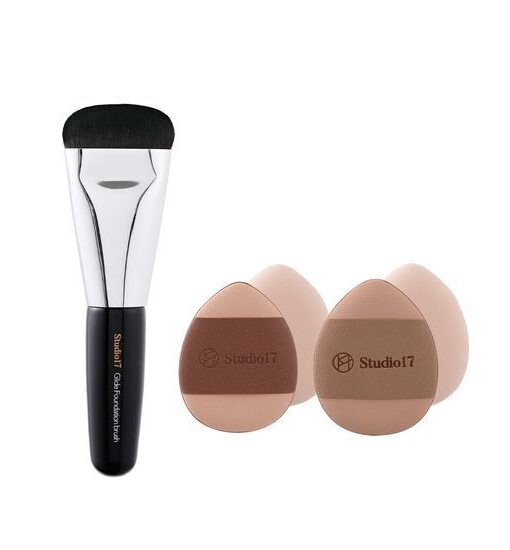 韓國 Studio17 Skin Fit Base Makeup Kit 輕薄服貼修飾毛孔迷你一字粉底掃＋迷你手指粉撲4個(霧面款x2, 光澤款 x 2)連收納盒 底妝套裝