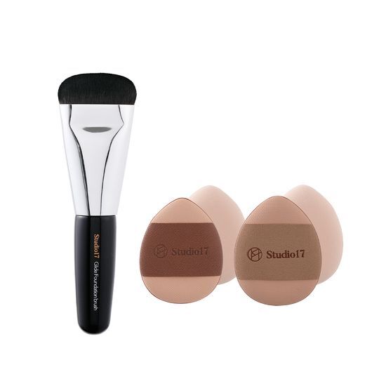 韓國 Studio17 Skin Fit Base Makeup Kit 輕薄服貼修飾毛孔迷你一字粉底掃＋迷你手指粉撲4個(霧面款x2, 光澤款 x 2)連收納盒 底妝套裝