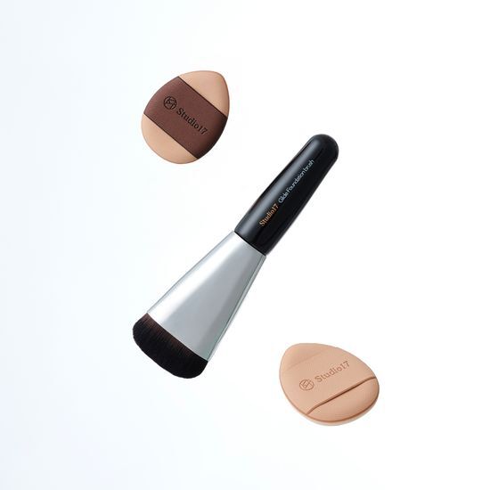 韓國 Studio17 Skin Fit Base Makeup Kit 輕薄服貼修飾毛孔迷你一字粉底掃＋迷你手指粉撲4個(霧面款x2, 光澤款 x 2)連收納盒 底妝套裝