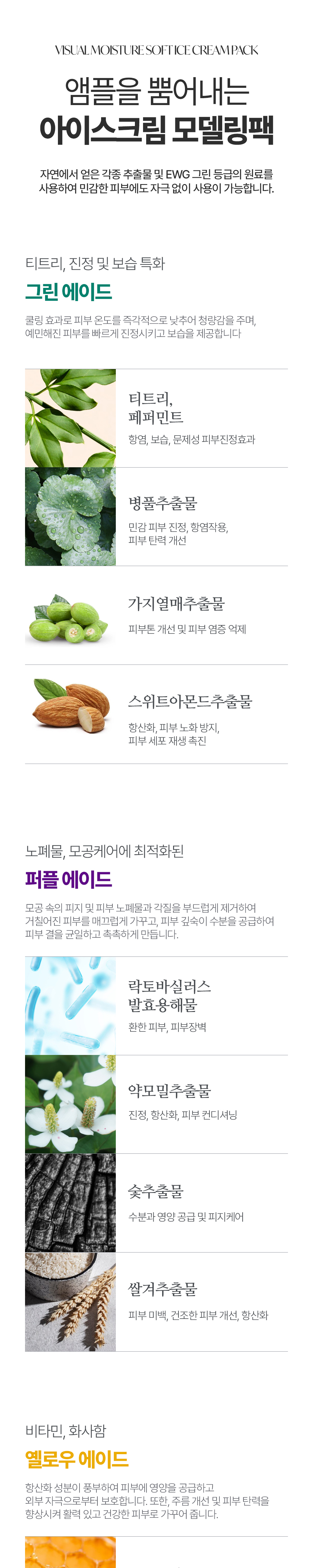 每片66g! 連高濃度精華包不用加水～韓國 Visual Ade Visual Moisture Soft Ice Cream Pack 皇牌軟雪糕冰淇淋凝膠軟膜(💚茶樹積雪草鎮靜/ 💛維他命提亮/ 💜去角質毛孔護理) 一盒5片裝 - 多種選擇