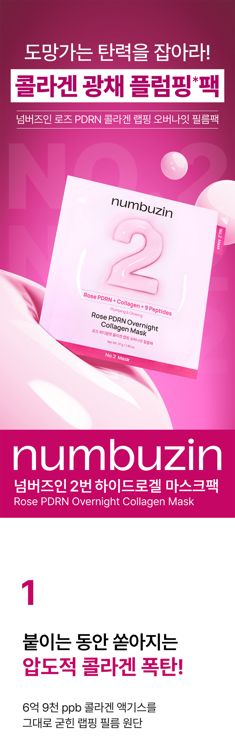 韓國 numbuzin No.2 Rose PDRN Overnight Collagen Mask 2號💗玫瑰 PDRN X 65% 膠原蛋白緊緻回彈睡眠面膜一盒4片裝(盒裝/散裝) - 2種選擇