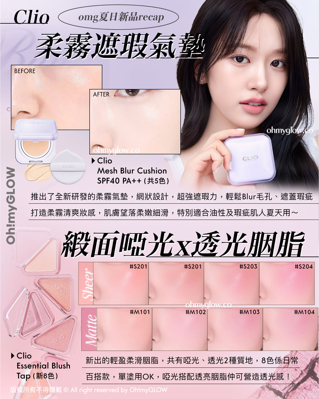 OMG 8月盛夏新品情報 RECAP 小編精選 炎夏必備彩妝+ 控油啞霧妝感神器+ 汗味救星推介 OMG夏日新品RECAP Clio 柔霧遮瑕氣墊 推出了全新研發的柔霧氣墊,網狀設計,超強遮瑕力,輕鬆Blur毛孔、遮蓋瑕疵打造柔霧清爽妝感,肌膚望落柔嫩細滑,特別適合油性及瑕疵肌人夏天用~ Clio Mesh Blur Cushion SPF40 PA++ (共5色) 緞面啞光x透光油脂 新出的輕盈柔滑胭脂,共有啞光、透光2種質地,8色係日常百搭款,單塗用OK,啞光搭配透亮胭脂仲可營造透光感! CLIO Essential Blush Tap (新8色)