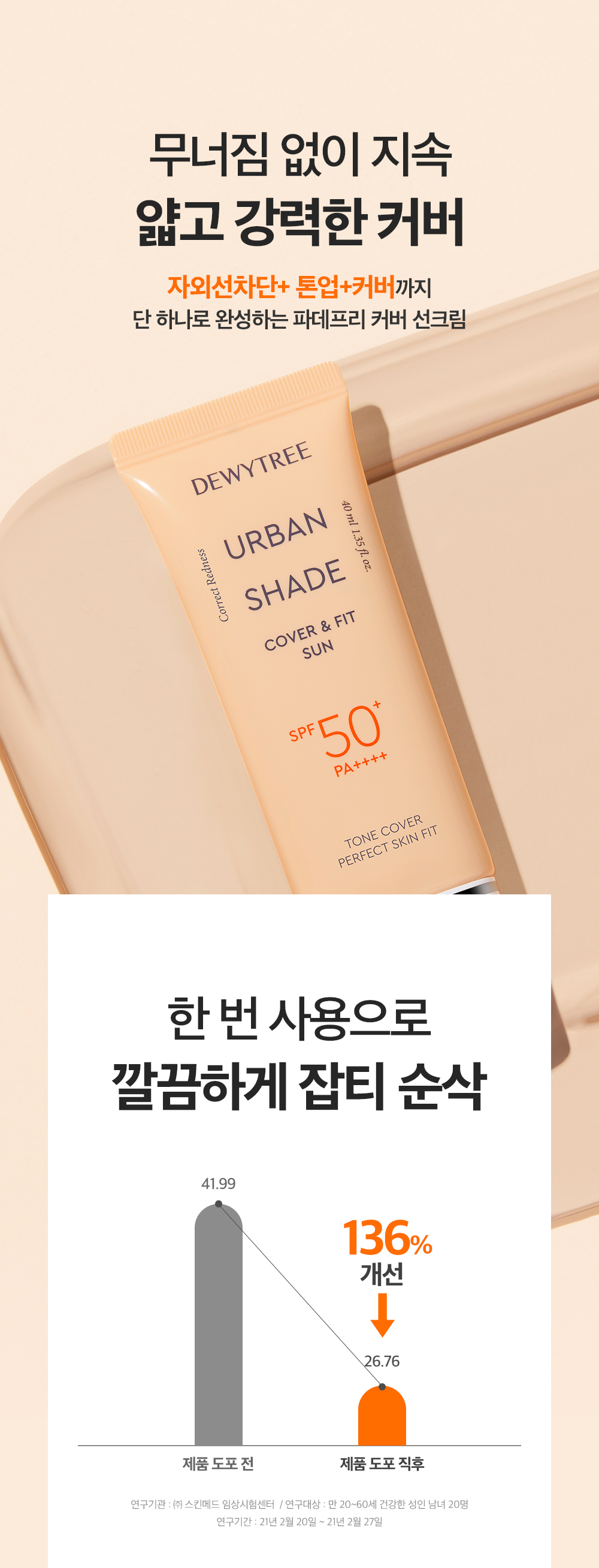 代替粉底〔防曬X提亮X遮瑕〕韓國 DEWYTREE Urban Shade Cover And Fit Sun SPF50+ PA++++ 素顏霜遮瑕有色防曬 - 40ml